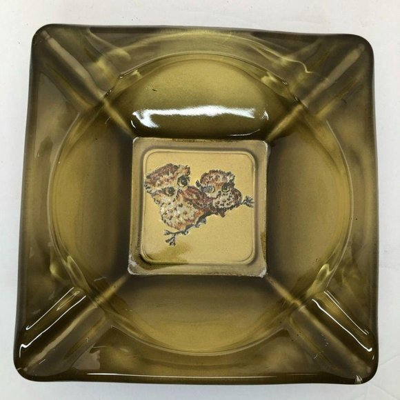 Vintage Retro Boho Olive Glass Owl Ashtray Bowl - Picture 6 of 6